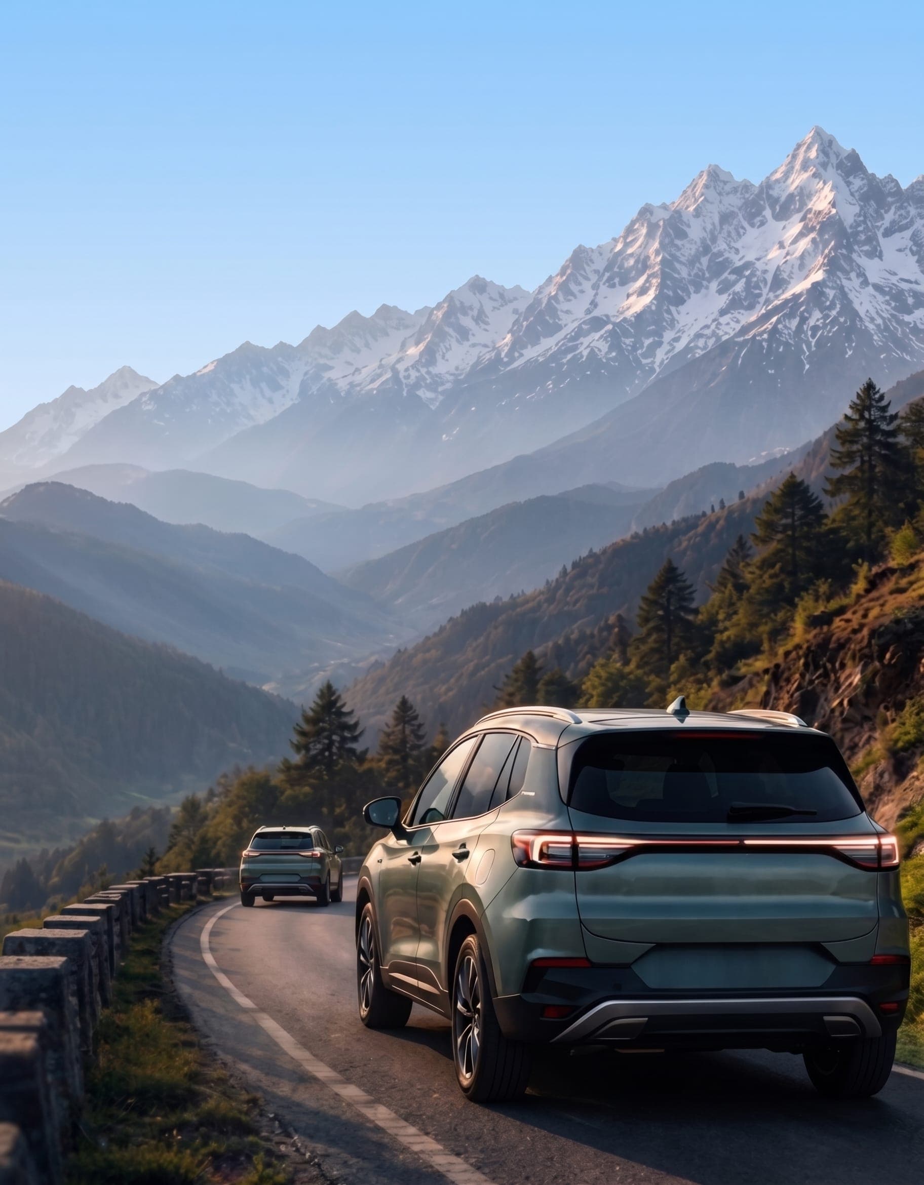 An electric SUV driving a mountain road in Nepal, surrounded by green hills and snow-capped peaks